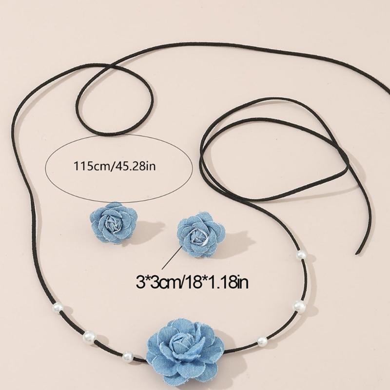 Collier Chaîne Corde à Lacets Tissu Jean Bleu Collier Ras-du-cou Fleur Ensemble Boucles d'Oreilles pour Femmes Bijoux de Mode Cadeau