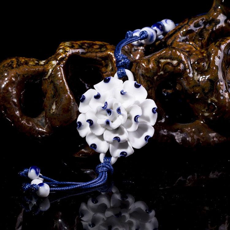Classical Ceramic Blue and White Porcelain Peony Flower Necklace Women's Literary Retro Versatile Long Sweater Chain Accessories