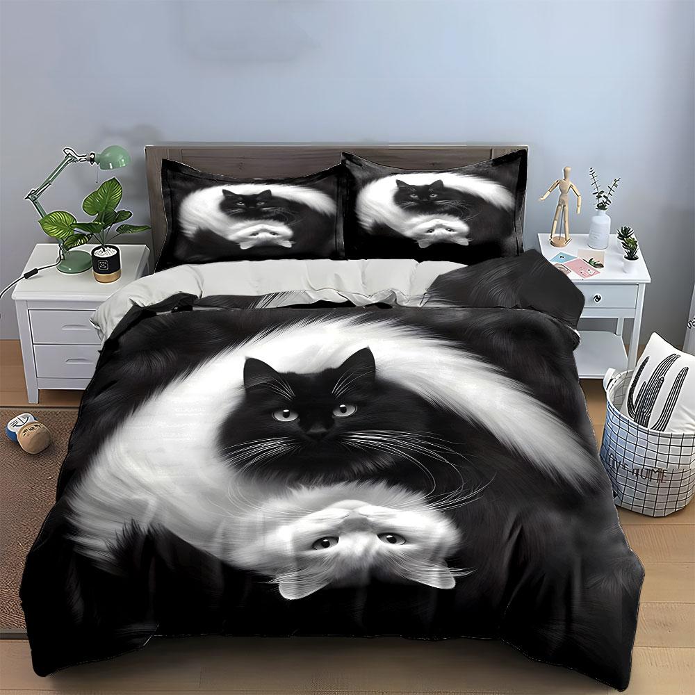 Yin Yang Black and White Cats Bedding Duvet Cover Set  (1*Duvet Cover 2*Pillowcases, without duvet insert)