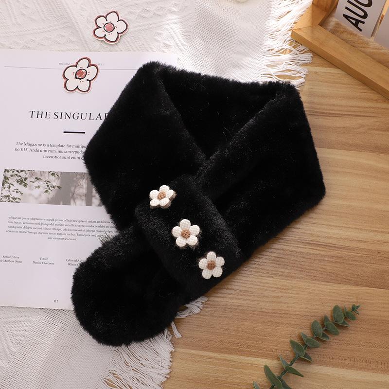 Stylish and simple plush warm scarf Jishu niche flower print cold-proof cross neck protection scarf