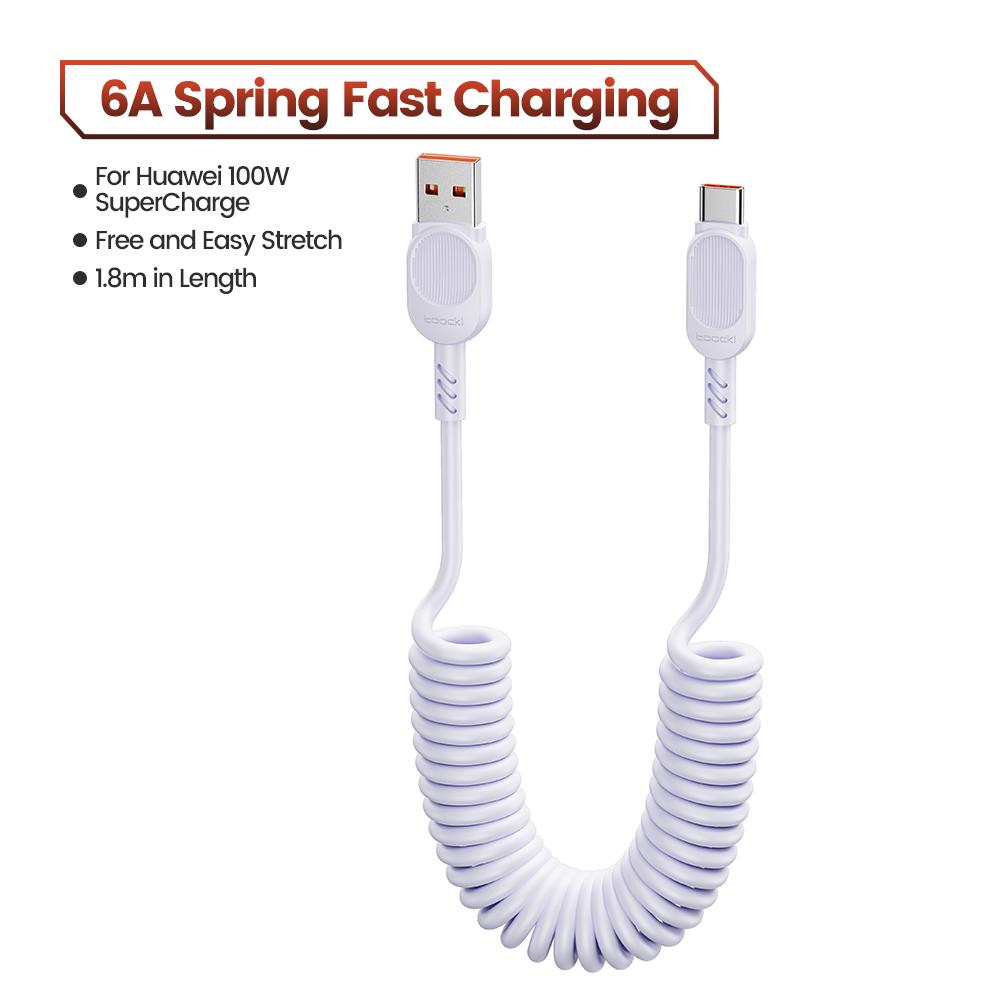 

Toocki 6A TPU Spring USB C Cable for Huawei Xiaomi PD Fast Charging Retractable USB to Type C Cable for iPhone 15 USB Data Cord фіолетовий