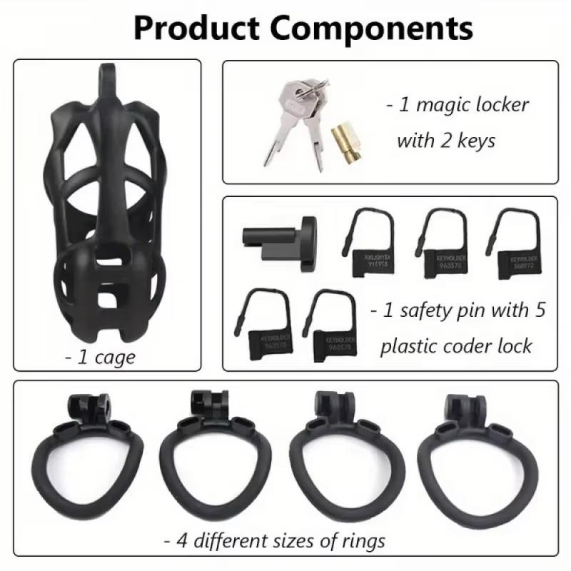 Inexpensive Male Chastity Cage Set 6 Sizes with Lock and 4 Rings Resin Lightweight Breathable Comfortable Design for Men