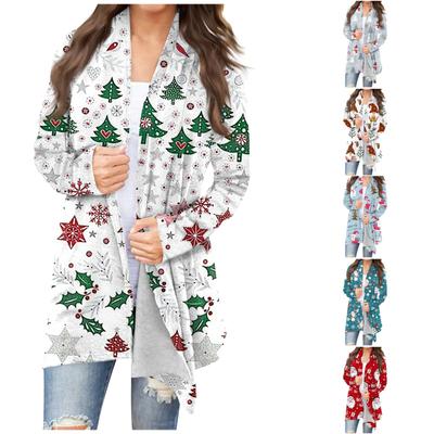 Damenmode, lässig, Weihnachtsdruck, mittellanger Cardigan-Jackenmantel