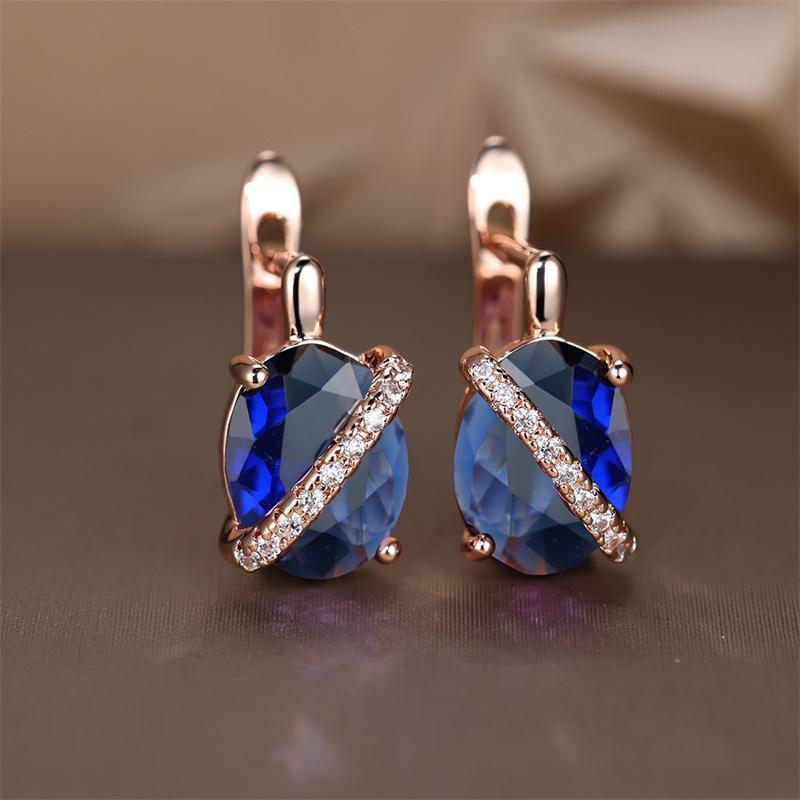 Cute Female Big Oval Stone Earrings Luxury Crystal Blue Purple Hoop Earrings Rose Gold Silver Color Wedding Earrings For Women