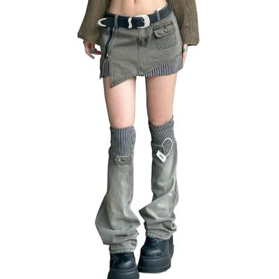 Vintage Wash Retro Color Patchwork Denim Mini Skirt for Ladies, Zipper Patchwork Clothes
