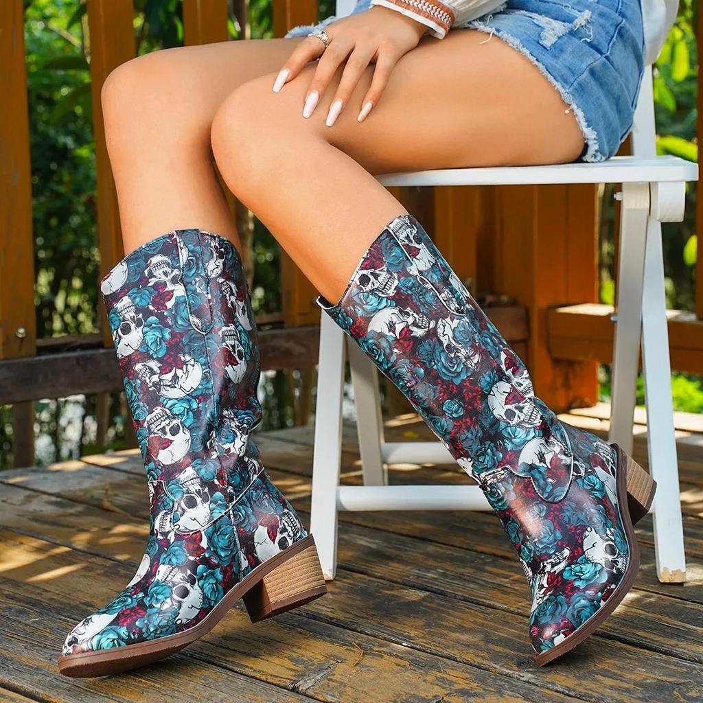 Fashion Fashion Skull Print Chunky Heel Mid Calf Boots Women Halloween Theme Autumn Winter Boots Woman High Tube PU Leather Botas Mujer