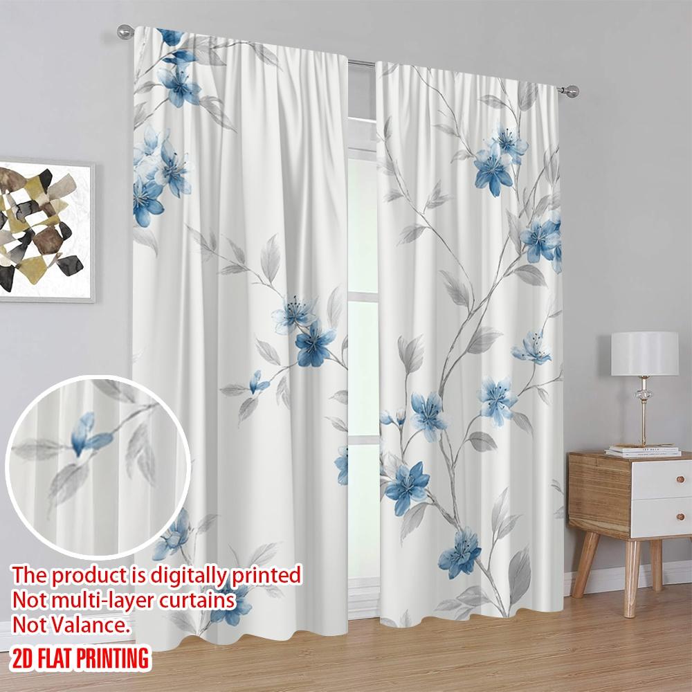 2D Flat Printing 2pcs Drapes Blue Floral Branches Watercolor 100% Polyester Fabric Without Electricity 0 Use for All Occasions