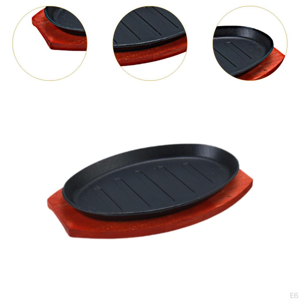 Cast Iron Steak Plate Fajita Pan with Wood Tray Serving Sizzling Dish