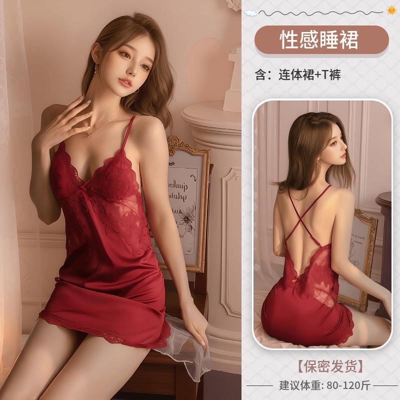 Erotic lingerie spring and summer deep V sexy mesh see-through seduction lace thin slit emotional nightdress women's home
