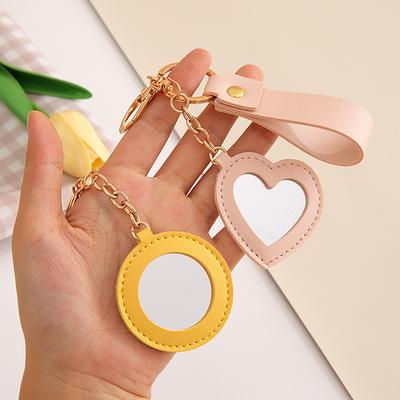 Creative Pu Leather Flower Heart Round Shape Keychain Mini Makeup Mirror Bag Hanging Ornament Car Trinket For Women Girls Gift