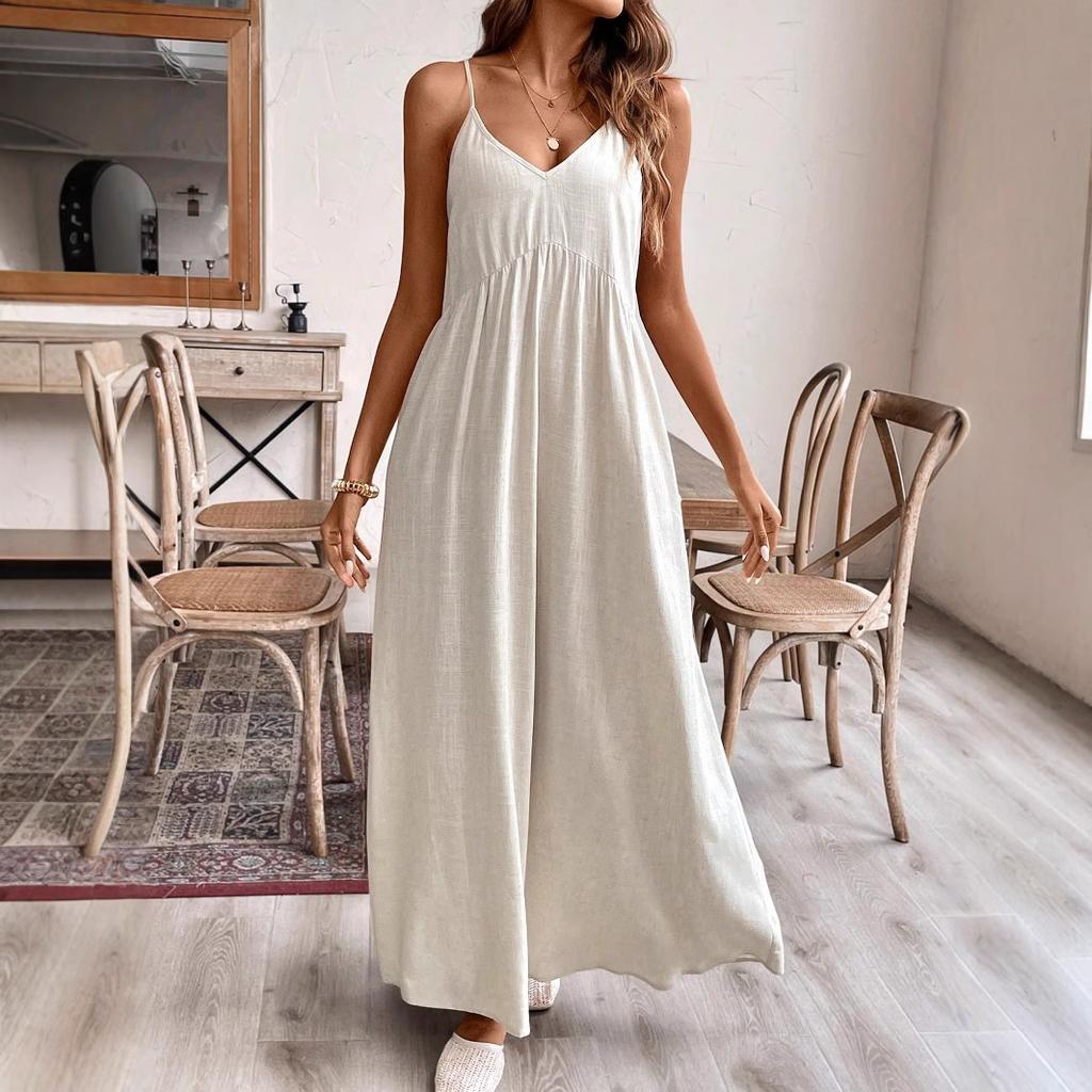 Women's Solid Color Cotton and Linen Dress Suspender Loose Casual A Pendulum Dress