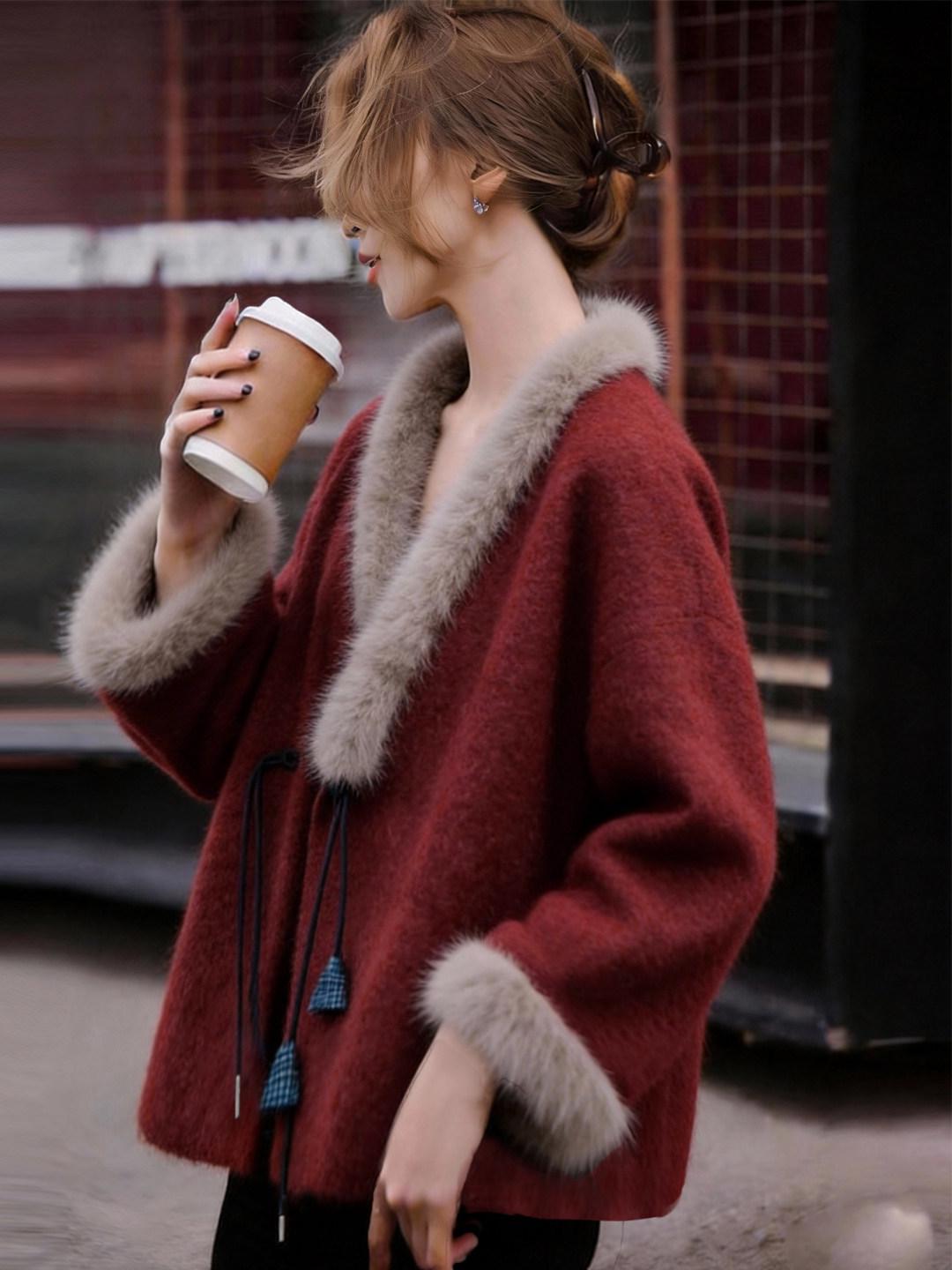 

Red Chinese Style V-Neck Woolen Coat - Women s 2025 Winter Collection, Unique Long Sleeve Furry Top Small красный