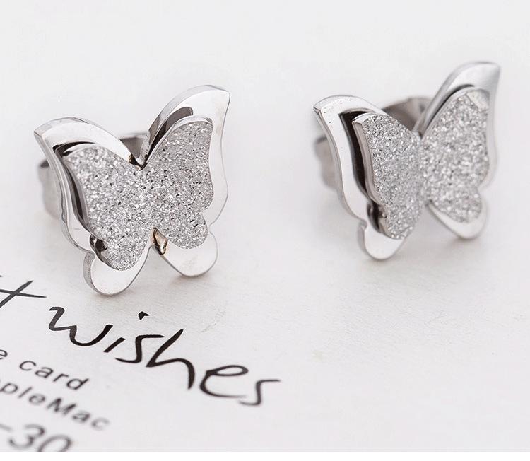 European & American Fashion Double Layer Frosted 12MM Butterfly Stainless Steel Stud Earrings