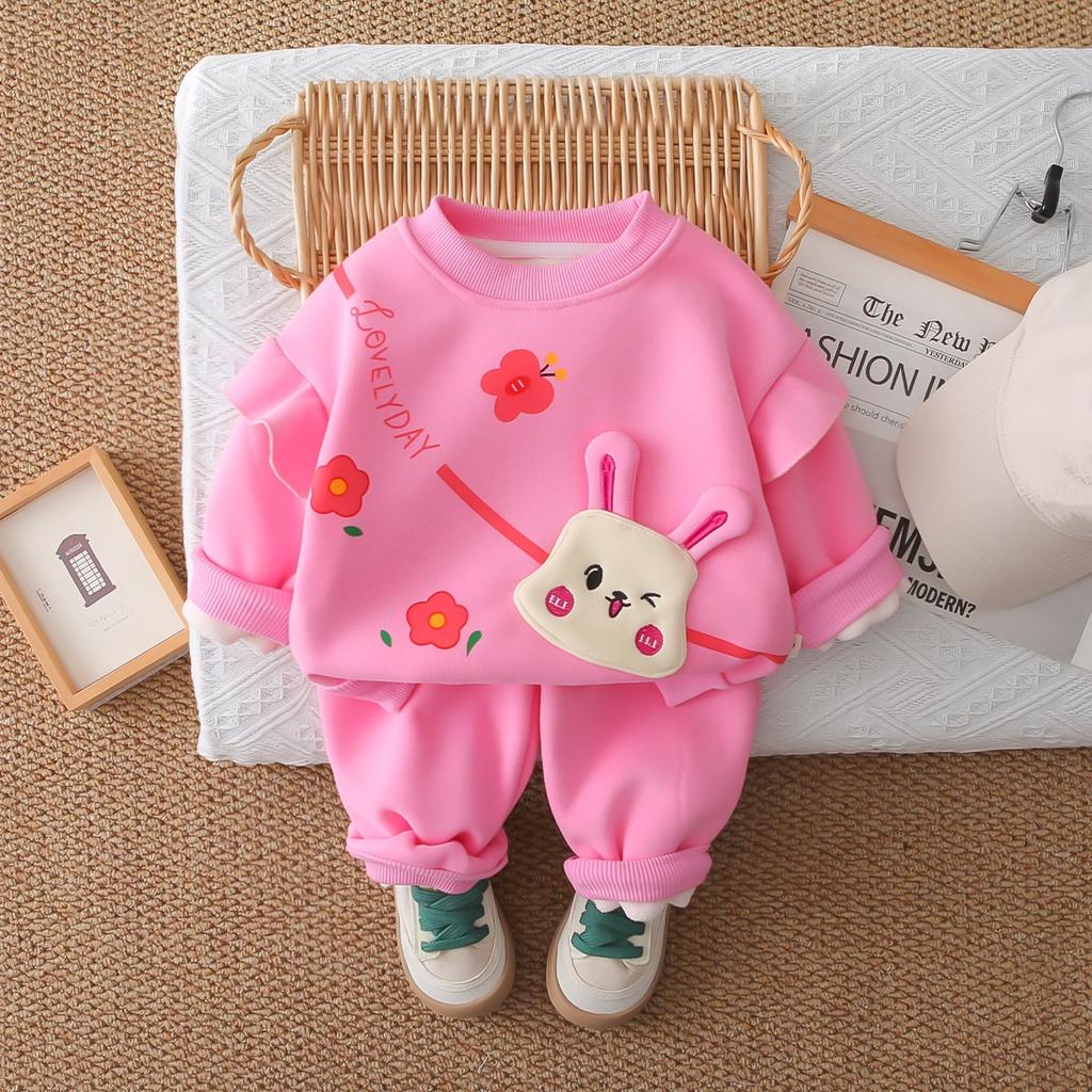 Girls Spring and Autumn Suit Flower Rabbit Baby Children's Clothing Western Style Baby Plus Velvet Warm Sweater Girl
