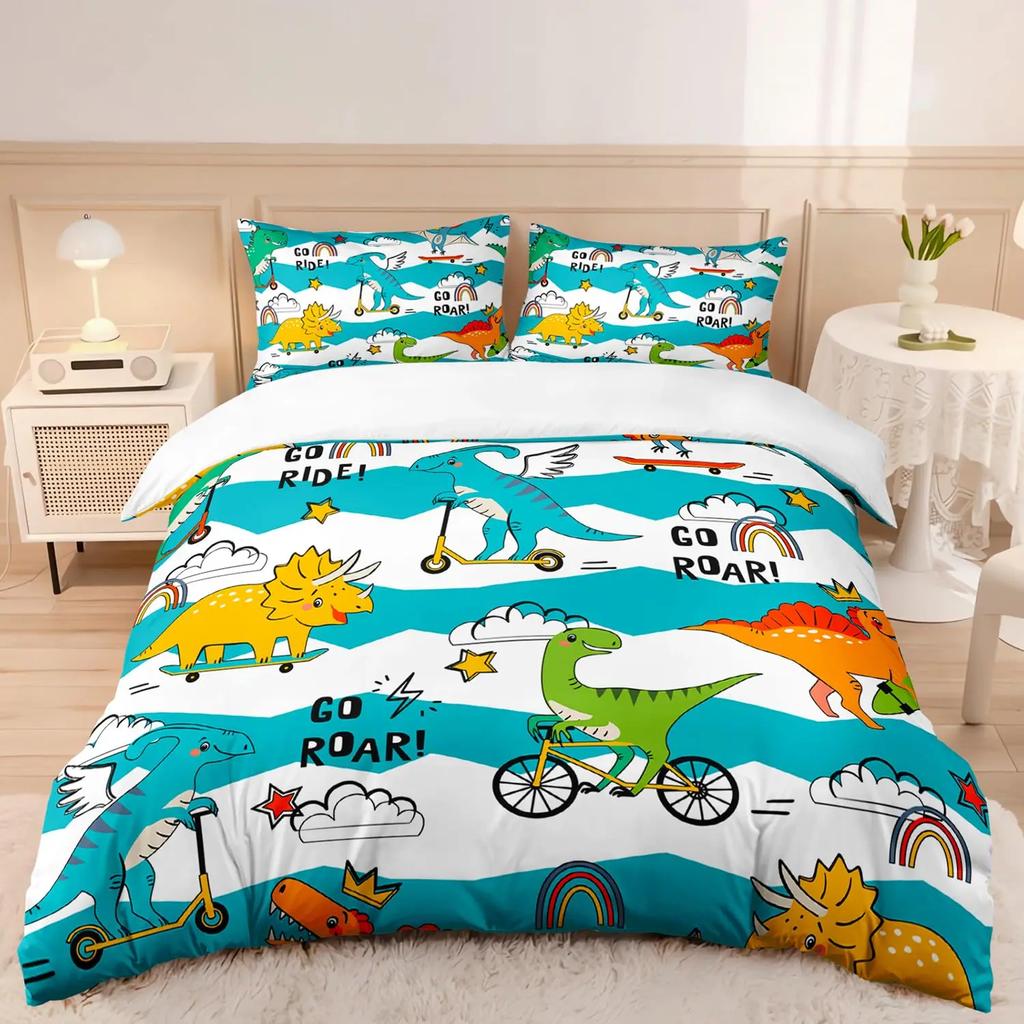 Kawaii Dinosaur Duvet Cover Queen Size For Kids, Cute Colorful Cartoon Soft Comforter Covers With Zipper Closure Bedroom Bedding