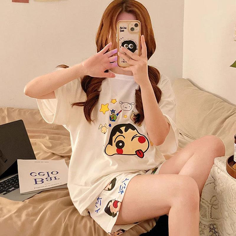 Summer comfortable crew neck pajamas for women, striped cartoon short-sleeve three-piece loungewear, in stock, direct order