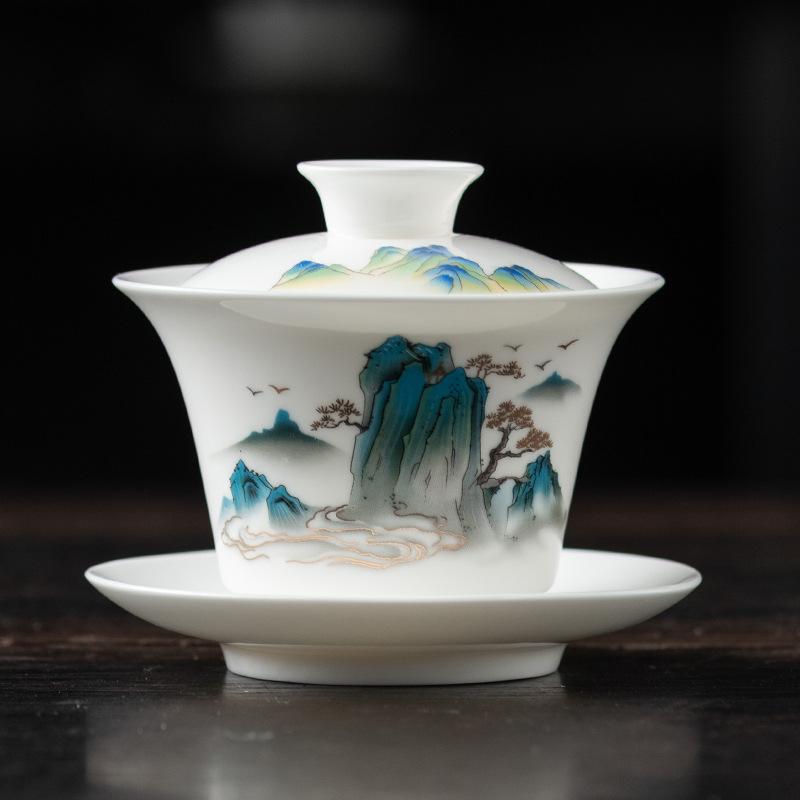 Light luxury imitation hand-painted suet jade porcelain Sancai cover bowl Kung Fu tea set single tea cup tea bowl pure handmade boutique