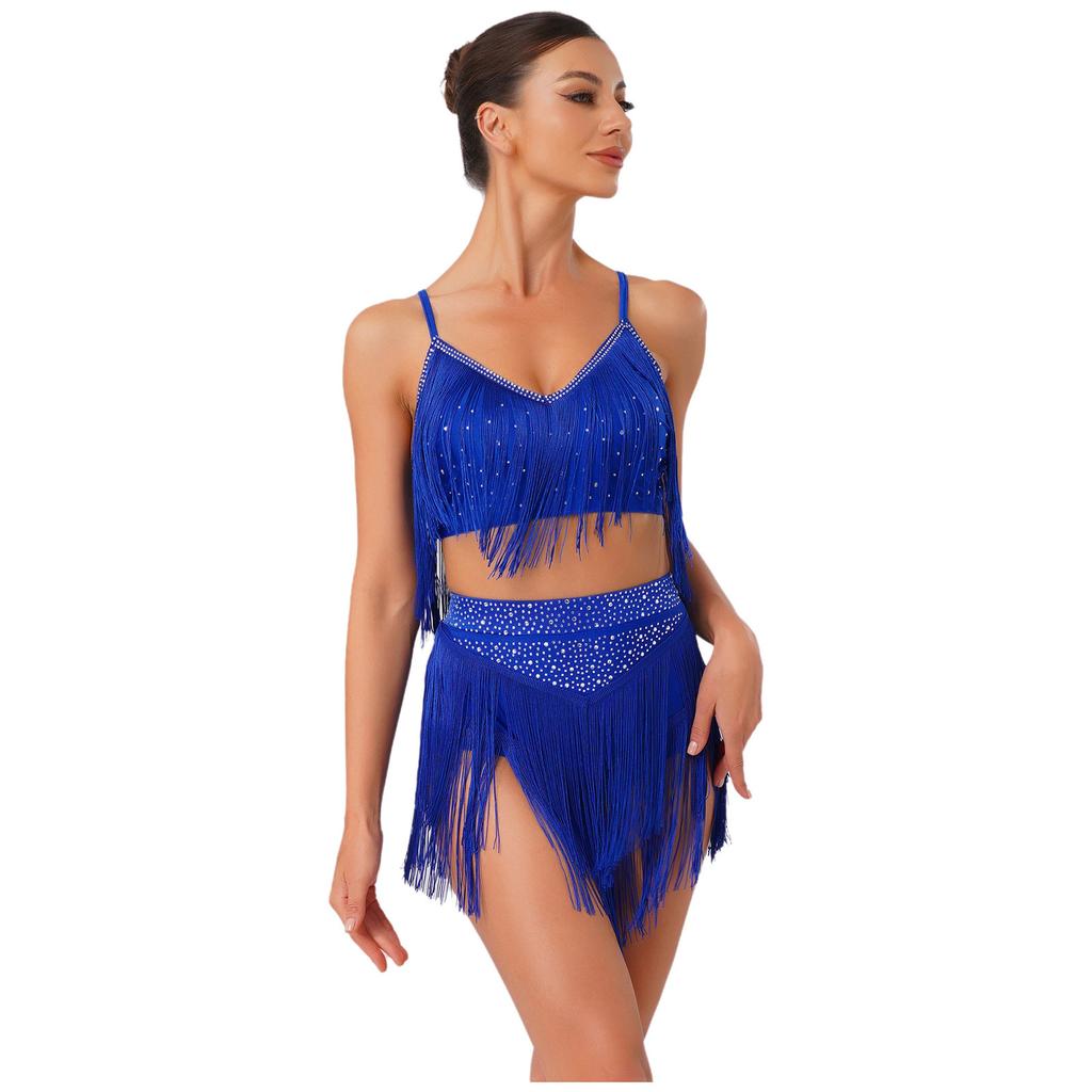 Womens Salsa Latin Dance Performance Costume V Neck Sleeveless Crisscross Back Fringe Crop Top Tiered Tassels Skirt