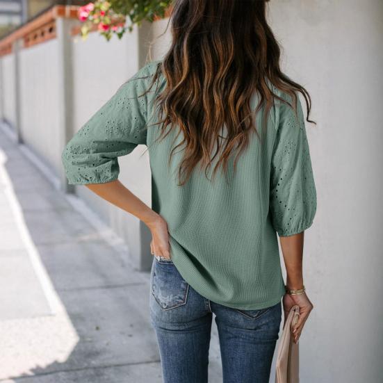 Women T-shirt V-Neck Jacquard Decor 3/4 Sleeves Pullover Tops Solid Color Loose Fit Tops Party Daily Wear