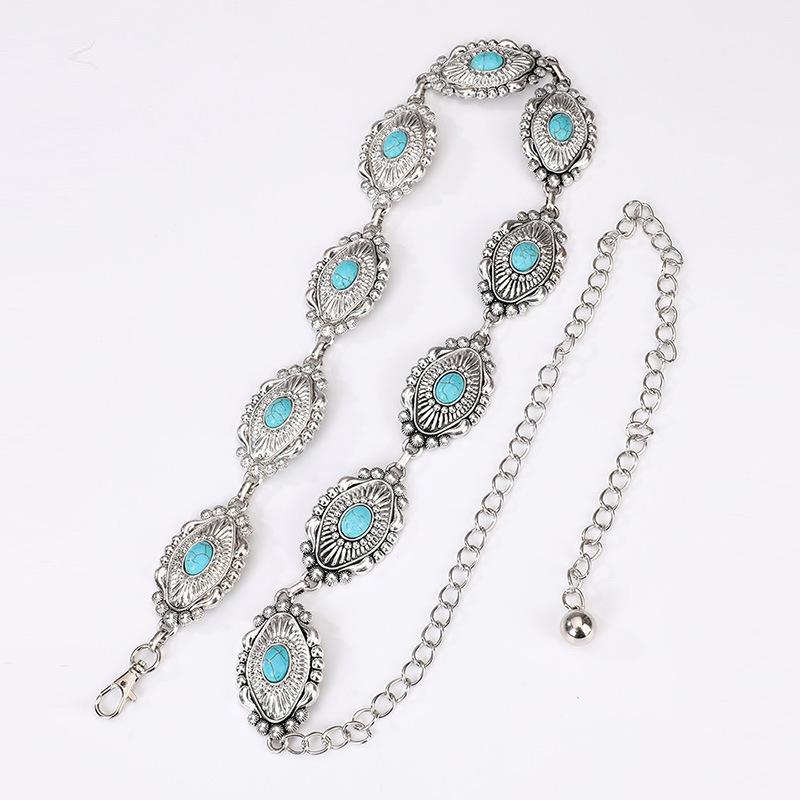 

High-end Women s Waist Chain Turquoise Inlaid with Boho Waist Chain Western Style Natural Vacation Waist Chain