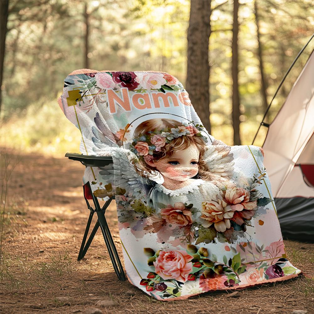 Angel With Flowers Outdoor Customize Your Name Blanket Comfortable Soft Lightweight Allseason Multipurpose Blanket For Travel Camping Picnic Sofa
