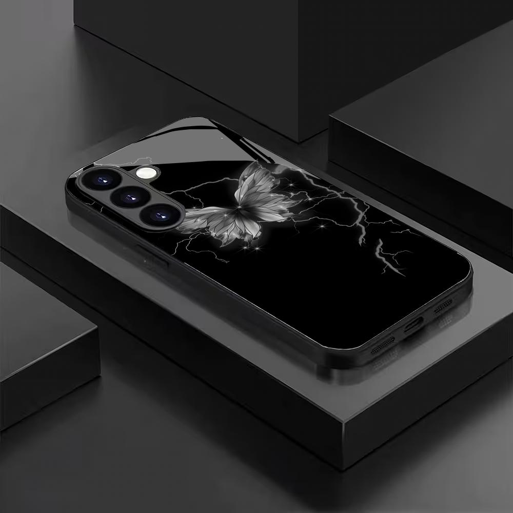 Black Butterfly Pattern Tempered Glass Phone Case Suitable for Samsung GalaxyS26 S25 S24 S23 S22 S21 S20FE/Ultra/Plus5Ganti Drop