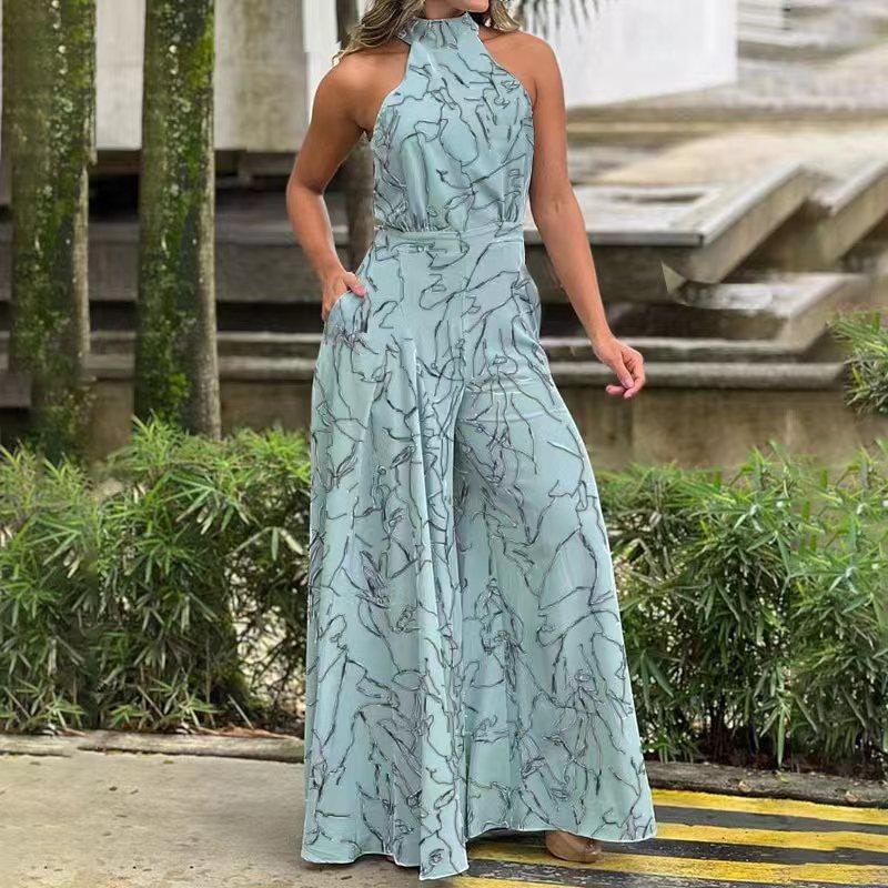 Women's Lace-up Casual Printed Sleeveless Jumpsuit
