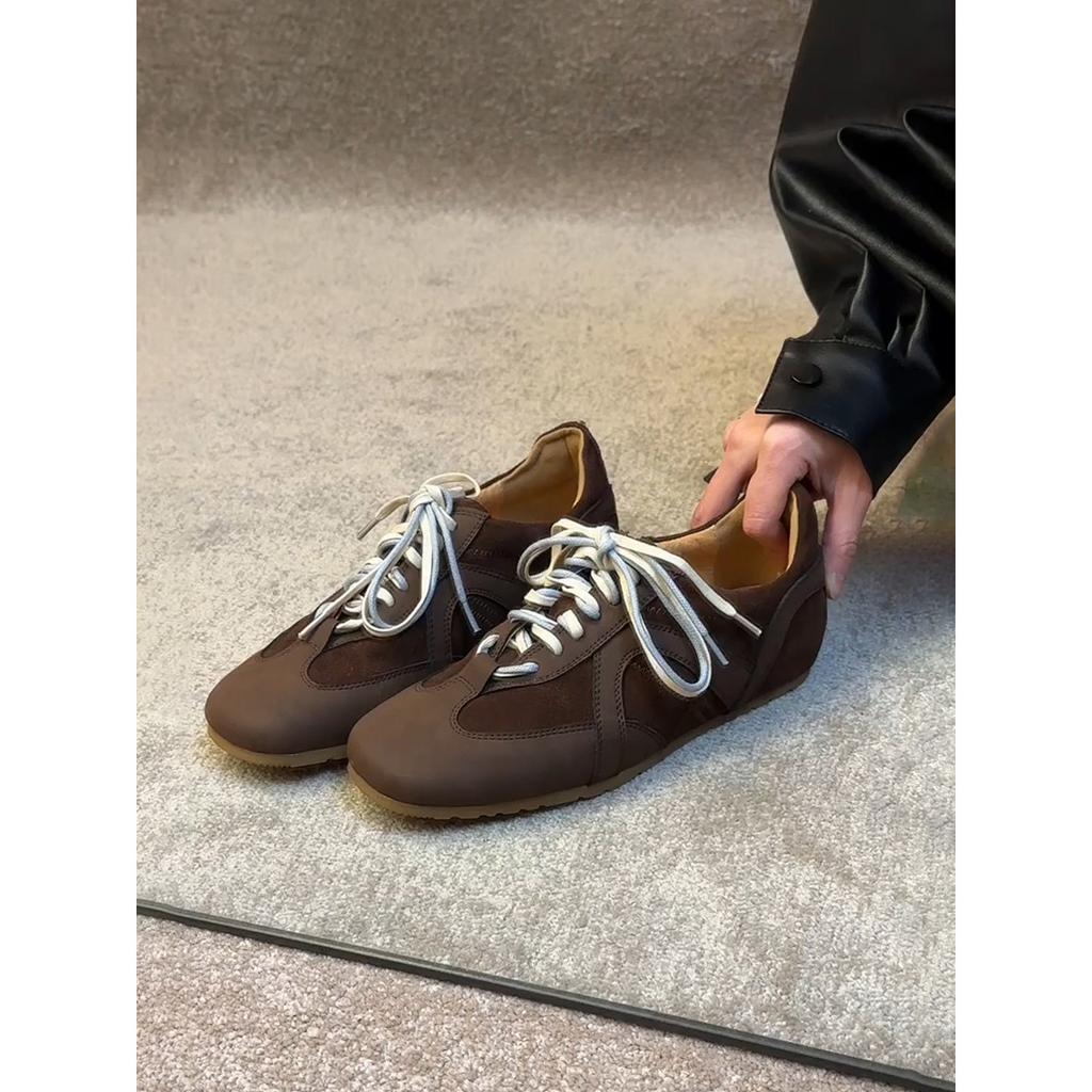 Cowhide version~ retro black German training shoes lace-up Forrest Gump shoes women's inner height increase casual board shoes versatile sports shoes