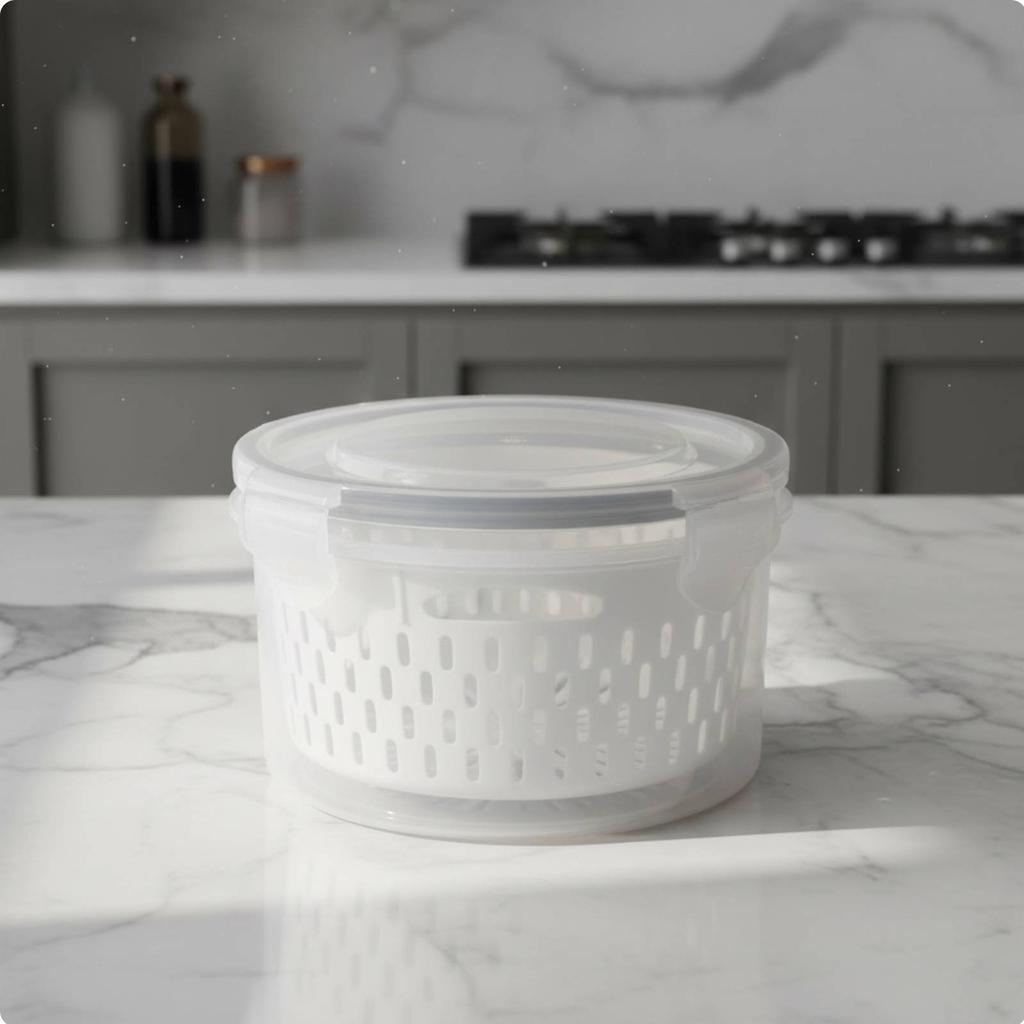 Round Food Container with Colander Microwave Safe Refrigerator Produce Storage with Lid Airtight Produce Crisper Box Leakproof