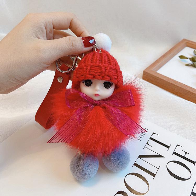 Pompom Sleeping Doll Keychain Cute Fluffy Plush Doll Keychains Women Girl Bags Keyrings Cars Key Ring Gift Charming Decoration