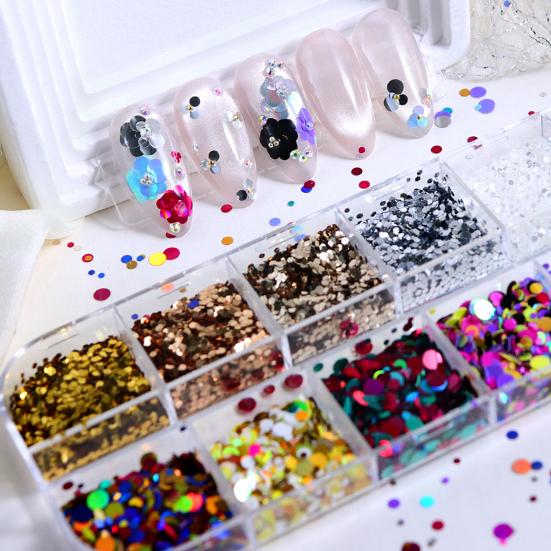 1 Box Round Glitter Nail Grids Assorted Color Art Sequins 12 Holographic Nail Charm Foils DIY