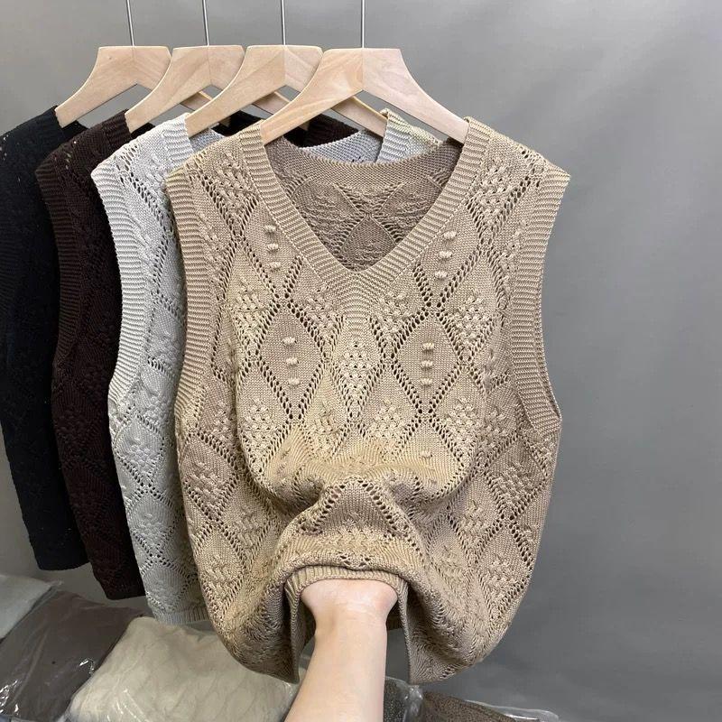 Dámská pletená vesta s výstřihem do V a průstřihy, módní všestranný kardigan, svrchní oděv, stylový tenký top gilet