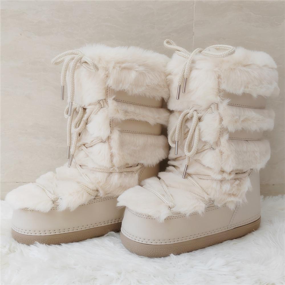 Faux Fur Boots for Women Warm Comfortable Woman Ski Boots  Winter Middle Claf Lace-up Waterproof Platform Snow Boots Black