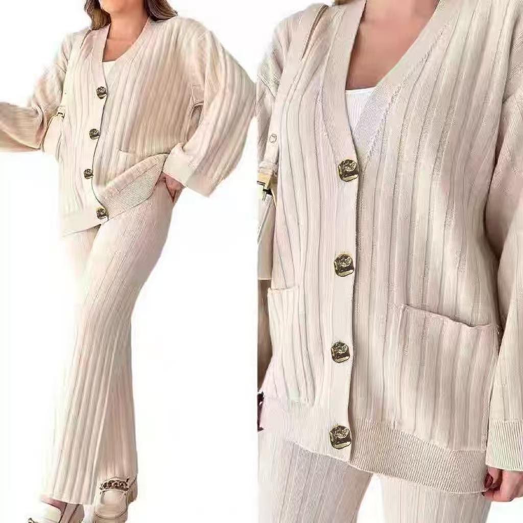 Autumn 2025 European & American Solid Color Loose Knit Sweater Versatile Women's Two-Piece Set