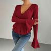 Women Tops Slim Fit V Neck Flared Long Sleeve Ruffle Detail Knitting Tops Solid Color Buttons Closure Winter Sweater