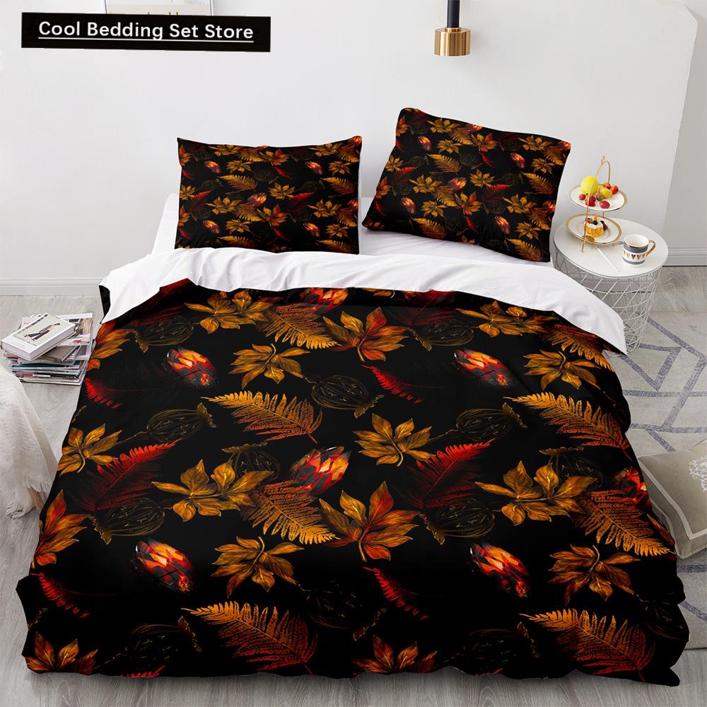 Tropical Plants Floral King Queen Duvet Cover Green Palm Leaves Bedding Set Cream-colored Flowers 2/3pcs Polyester Quilt Cover