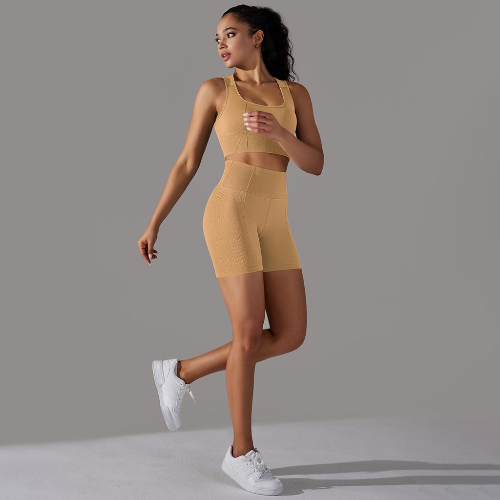 Nessaj Yoga Clothing Set Women Seamless Knit Gym Set Solid Colour Shorts Backless Fitness Underwear Sportswear
