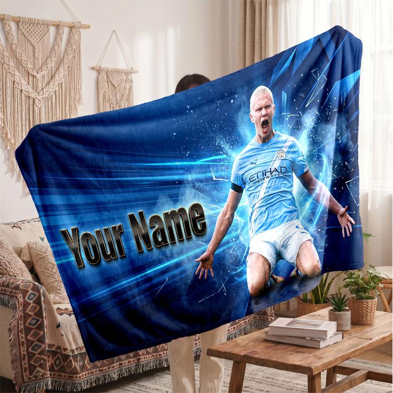 Erling Haaland Personalisierte Fleecedecke Mit Fußballlogo, Individueller Name Text Weich Warm Wohnzimmer Überwurfdecke