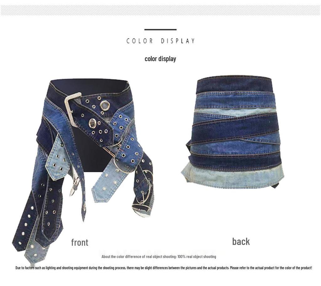 Autumn 2023 Designer Silver Buckle Low-Waist Denim Mini Skirt with Japanese Character Belt