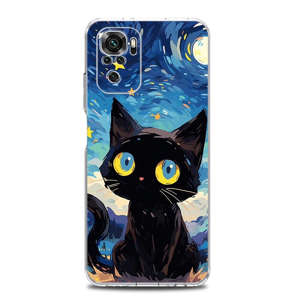 

Phone Case For Xiaomi Redmi Note 14 13 12 5G 9 8 10 11 Pro Plus 4G 9T 13C 12C 10C 9C 9A Cover Artistic Black Cat Starry Night Redmi 9A