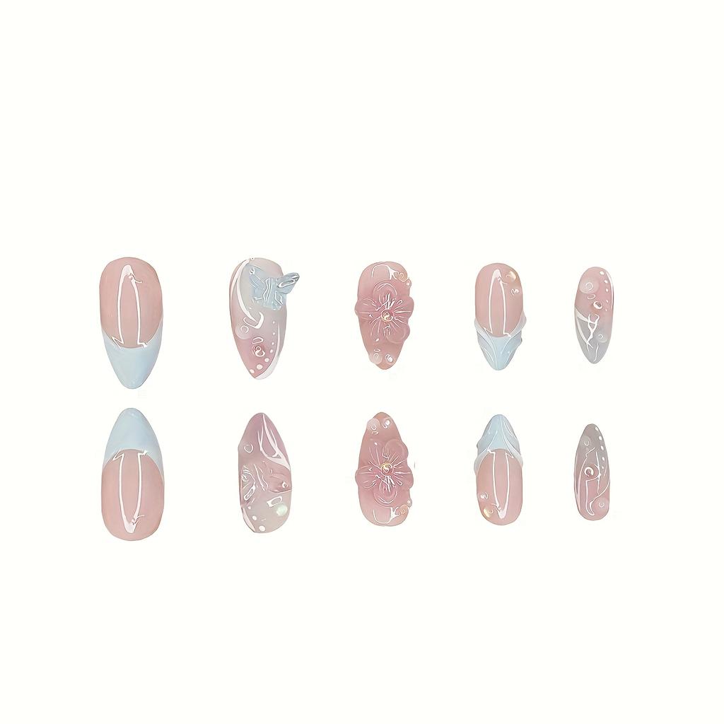 Set van 24 stuks Franse Amandel Plaknagels, Blauw & Roze Verloop 3D Strepen & Bloemig Vlinder Design, Verwijderbare Valse Nagels met 1 Gel & Nagelvijl