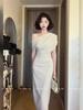 2026 Elegant Korean One-Shoulder Bodycon Dress - Spring/Summer Slim-Fit with Flowy Collar