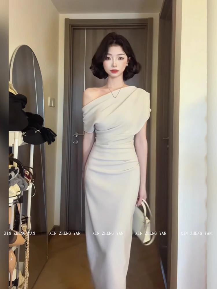 2026 Elegant Korean One-Shoulder Bodycon Dress - Spring/Summer Slim-Fit with Flowy Collar