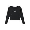 Camiseta Crop Casual de Manga Larga Ajustada con Cuello Redondo de Color Sólido para Mujer Tops Negro FN1912-010