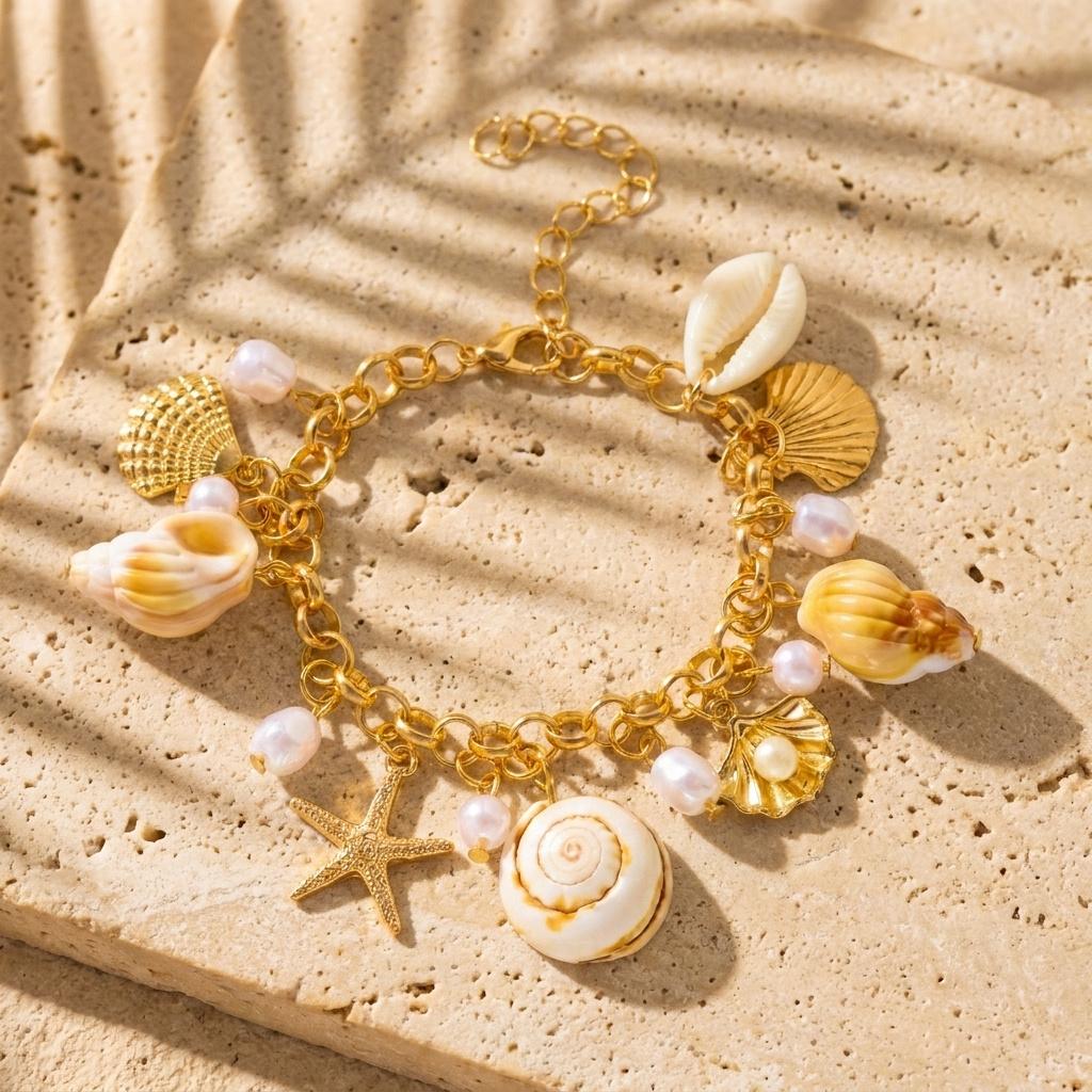 Ocean Style Gold Color Metal Starfish Conch Charm Bracelet For Women Boho Sea Star Imitation Pearl Bangle Summer Beach Jewelry