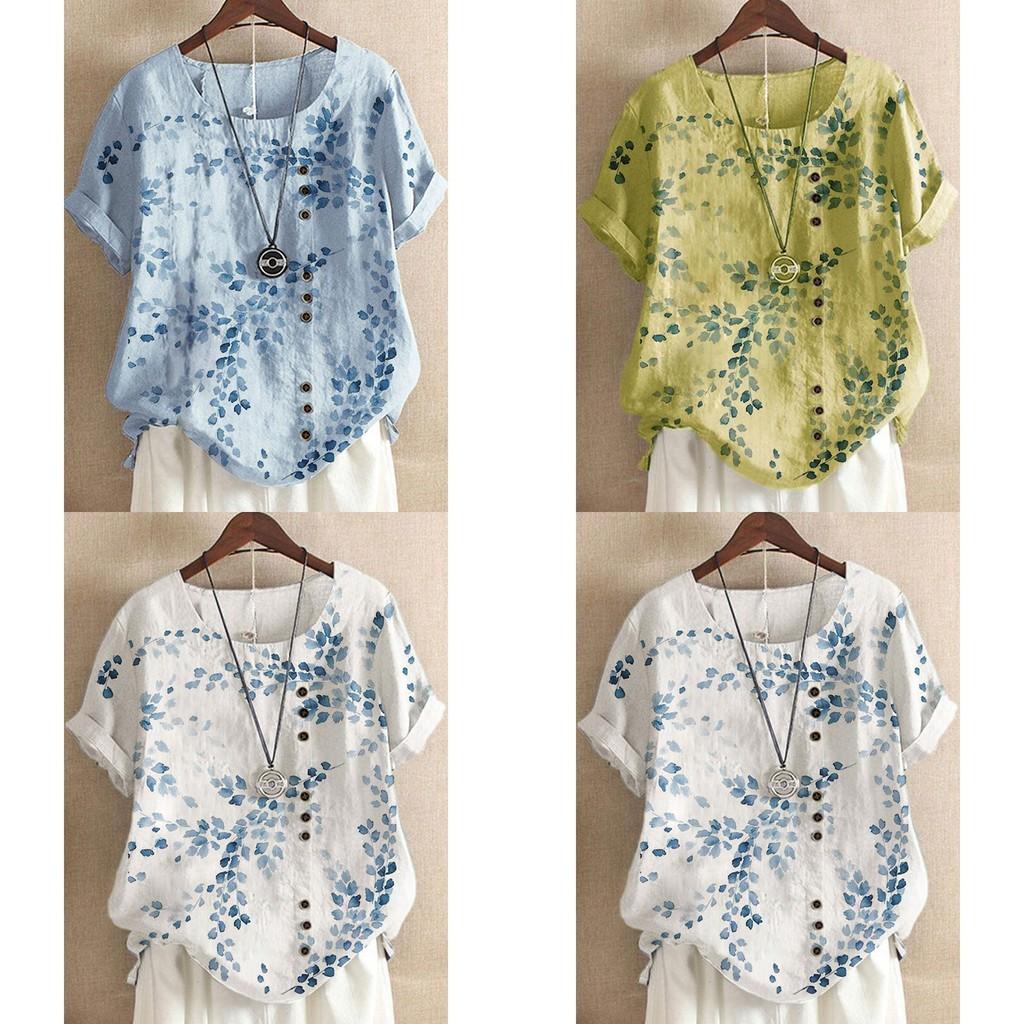 Women's Cotton Linen Floral Blouse With Short Sleeves For Summer Comfort