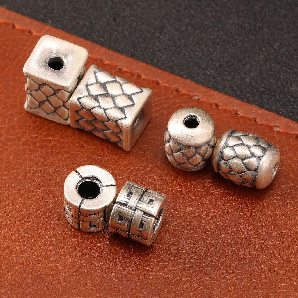 S999 Sterling Silver Woven Square and Barrel Spacer Beads - Retro Lu Lu Tong DIY Braiding Accessories