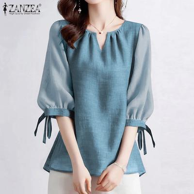 Women Casual V-Neck Summer Patchwork 3/4 Sleeve Blouse