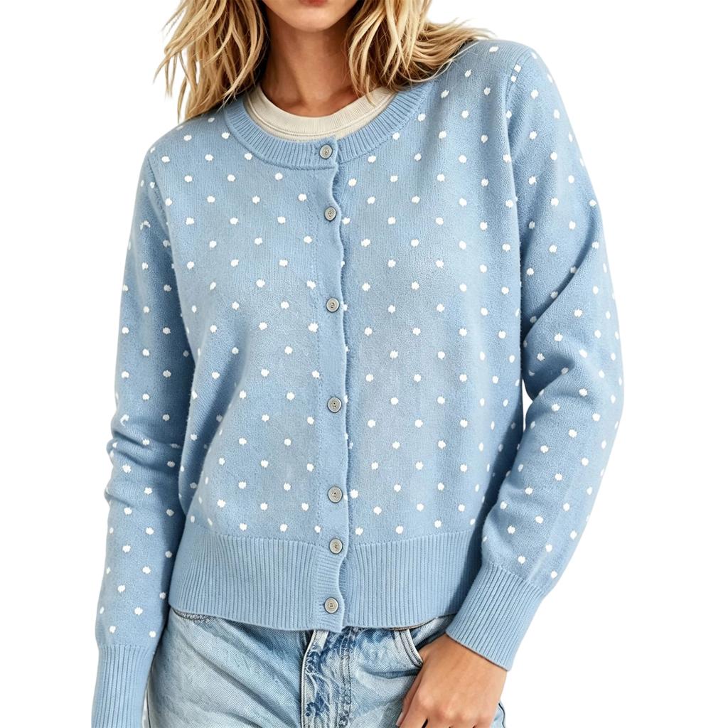 Women's Polka Dot Long Sleeve Knit Cardigan with Round Neck and Single-Breasted Buttons
