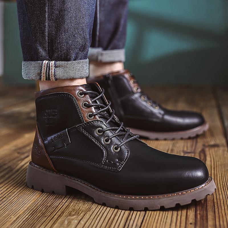 Herren-Martin-Stiefel aus Retro-Leder mit seitlichem Reißverschluss - Britische Arbeitsstiefel aus mittelhohem Rindsleder für Herbst/Winter